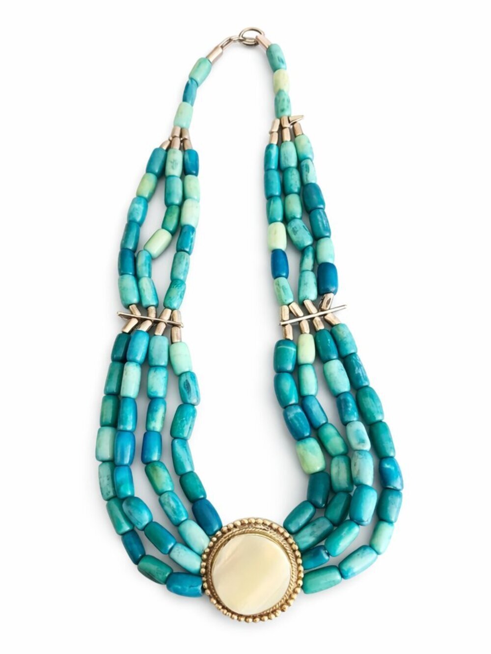 Statement Turquoise Multi-Strand Necklace w/ Silver Accents & Cream Centerpiece